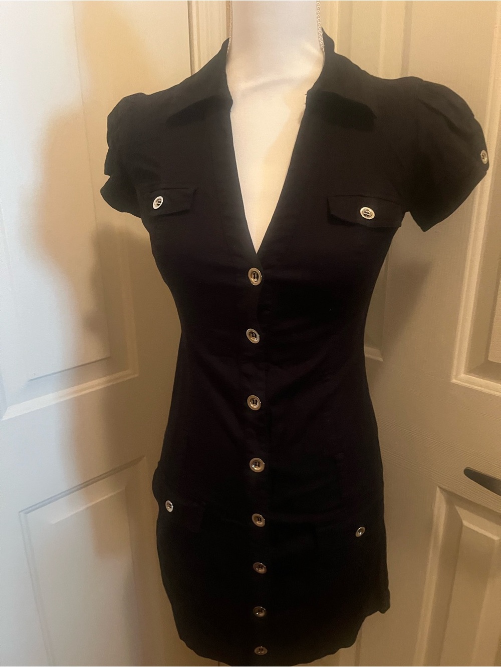 G by Guess Black Button-Front Shirt Dress